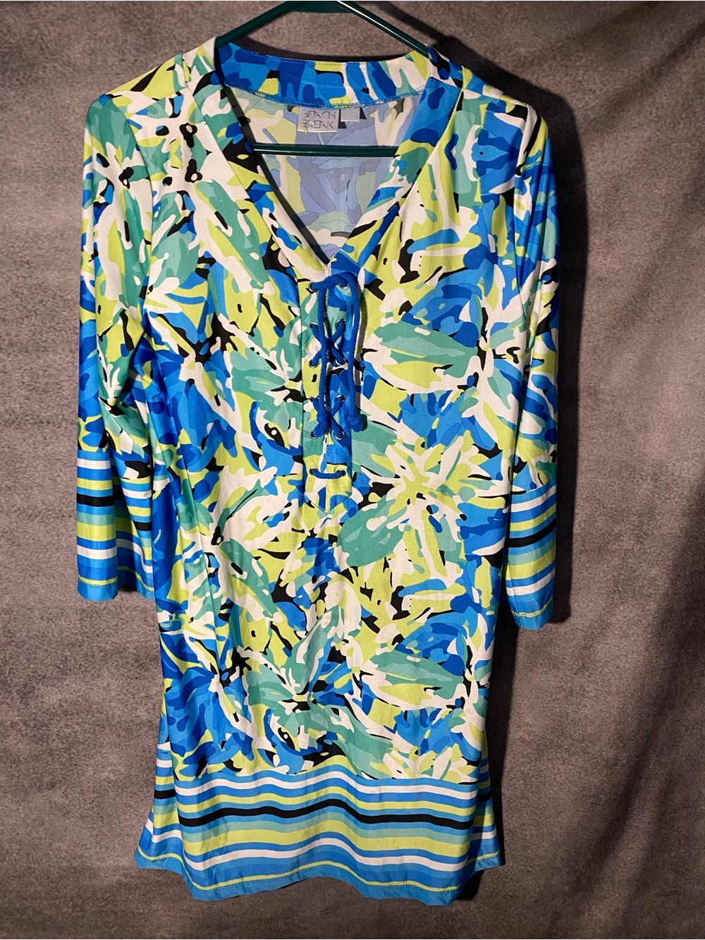 Beach Break Blue Green Floral Tropical Lace-Up V-Neck Swim Cover Up Dress Size M